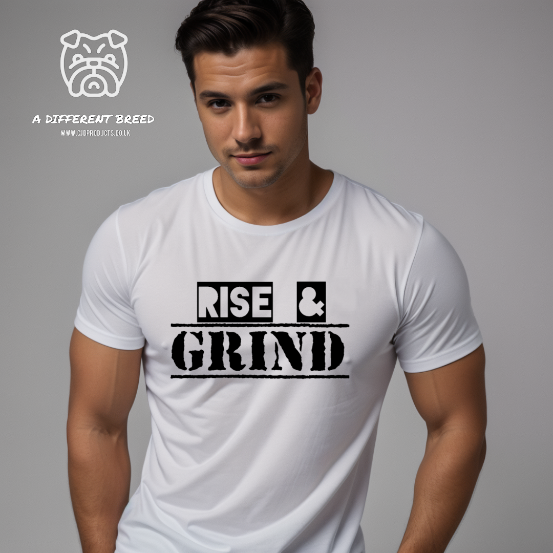 a man wearing a white shirt with the word rise and grind printed on it