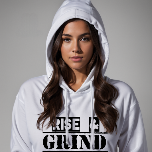 a woman wearing a white hoodie with the words rise and grind on it