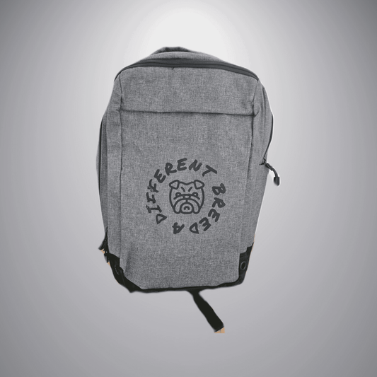 a grey backpack with a black logo on it