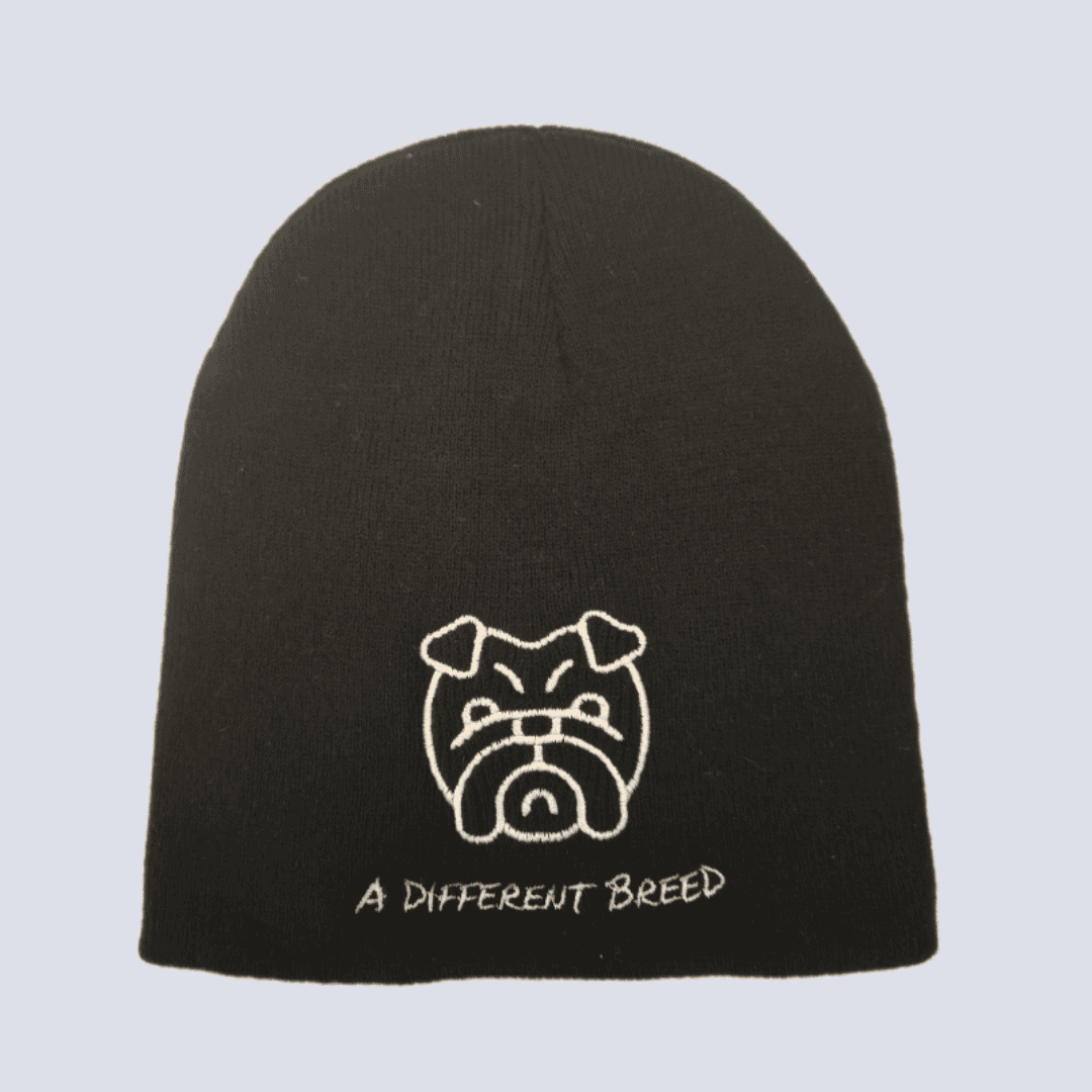 Black beanie hat with a different breed and the outline of a bulldog stitched into the fabric