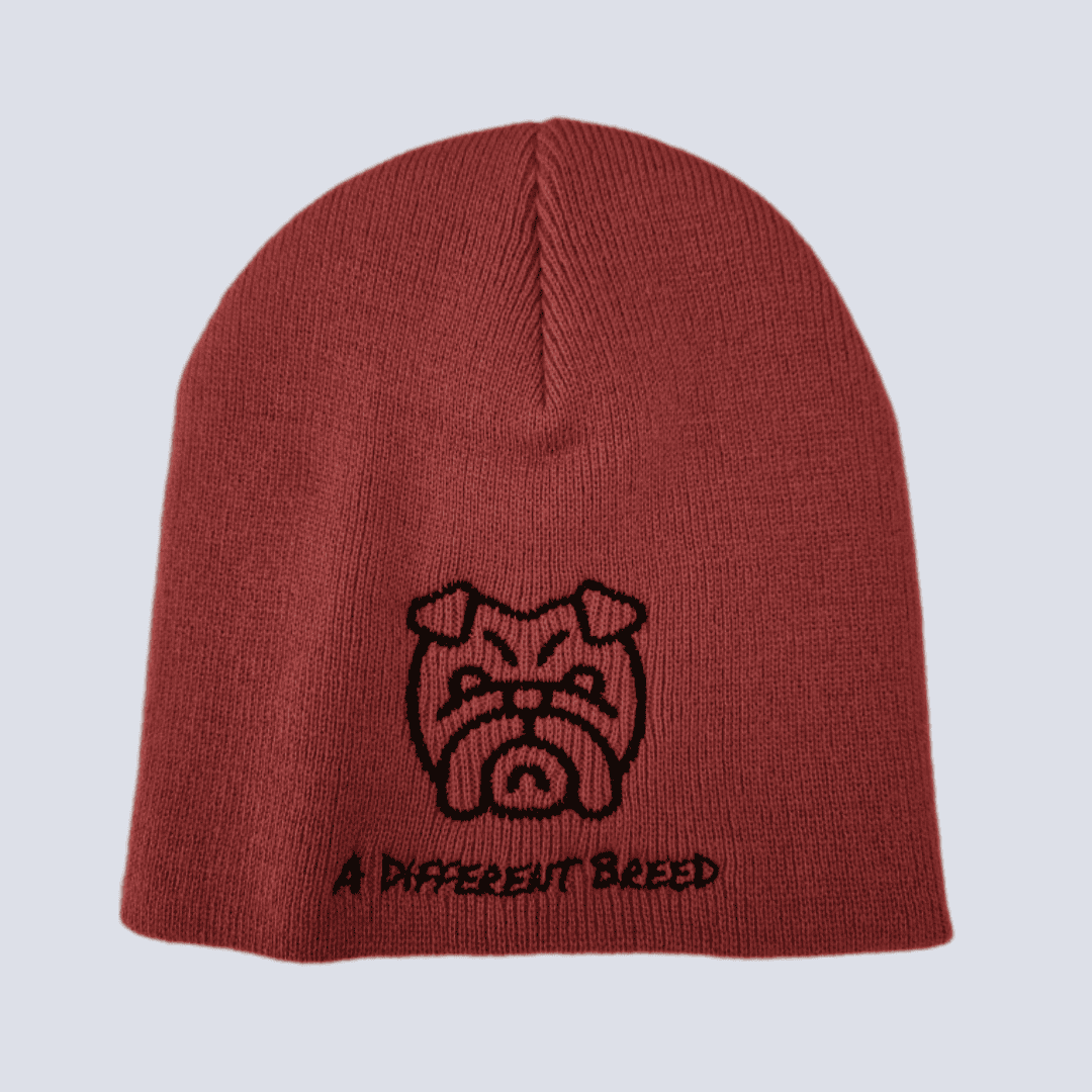 Pink beanie hat with a different breed and the outline of a bulldog stitched into the fabric