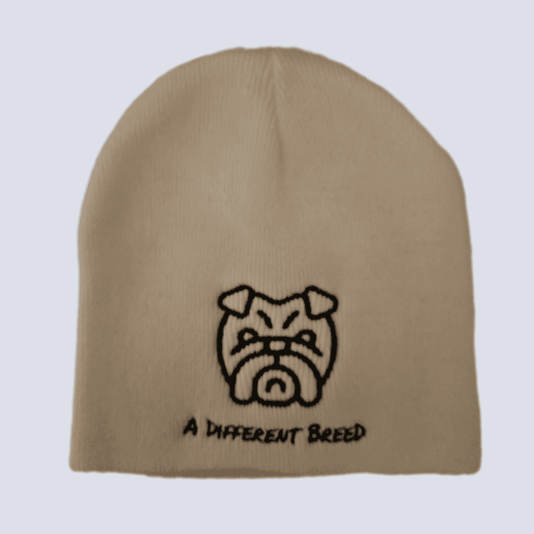 White beanie hat with a different breed and the outline of a bulldog stitched into the fabric