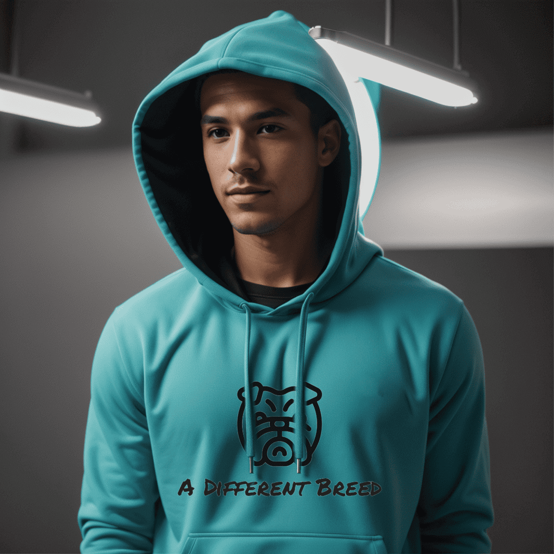 Man wearing blue hoodie with  a print which reads a different breed across the chest