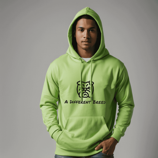 Man wearing bright green hoodie with  a print which reads a different breed across the chest