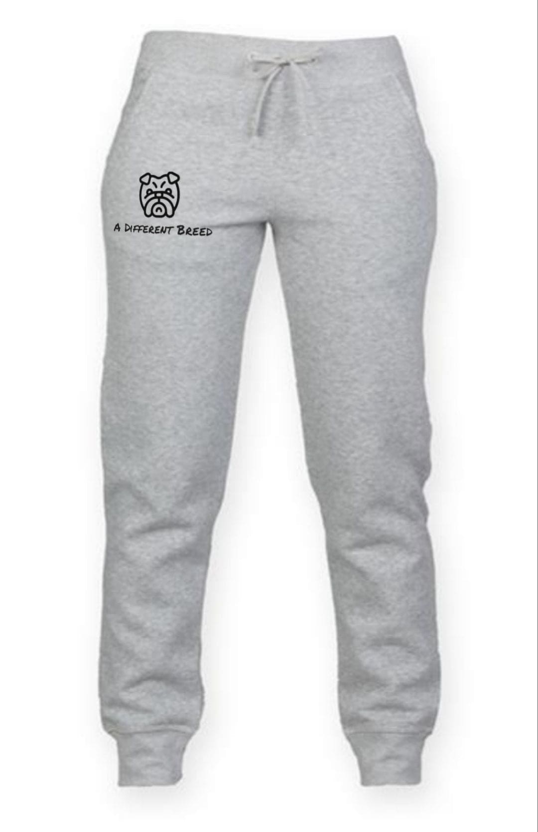 grey jogging bottoms with a cuff bottom and the a different breed logo in black print