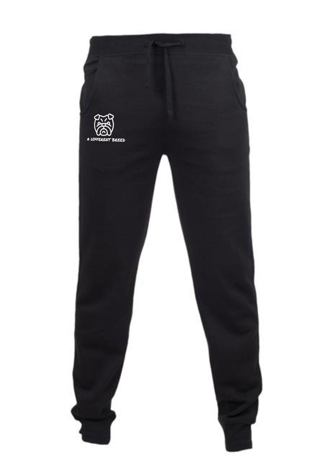 Black jogging bottoms with a cuff bottom and the a different breed logo in white print
