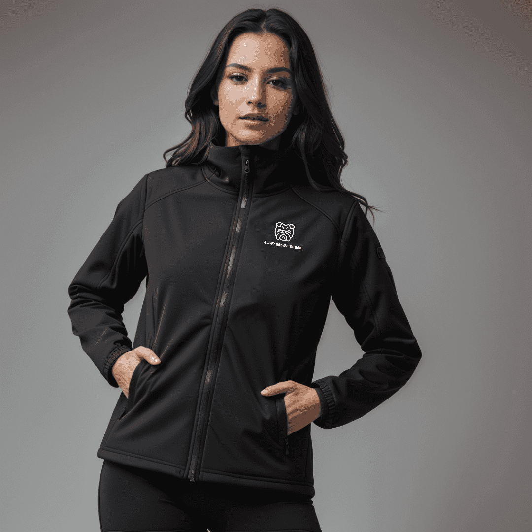Lady wearing a recycled polyester black softshell jacket with the a different breed logo on the left chest