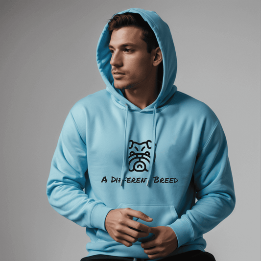 Man wearing light blue hoodie with  a print which reads a different breed across the chest