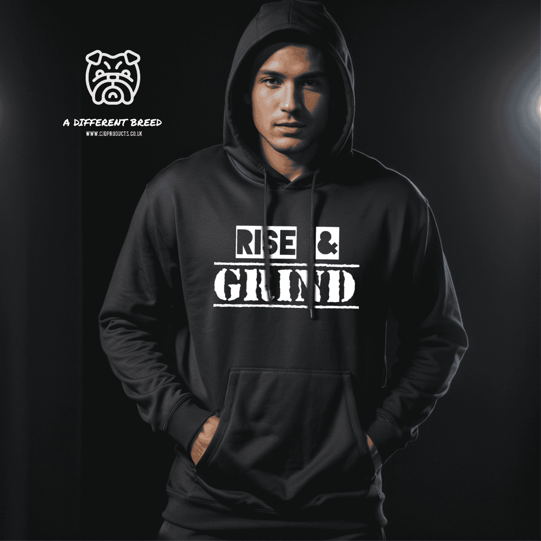 Men's black Rise & Grind Hoodie with the words rise and grind in white bold print CJD: A Different Breed