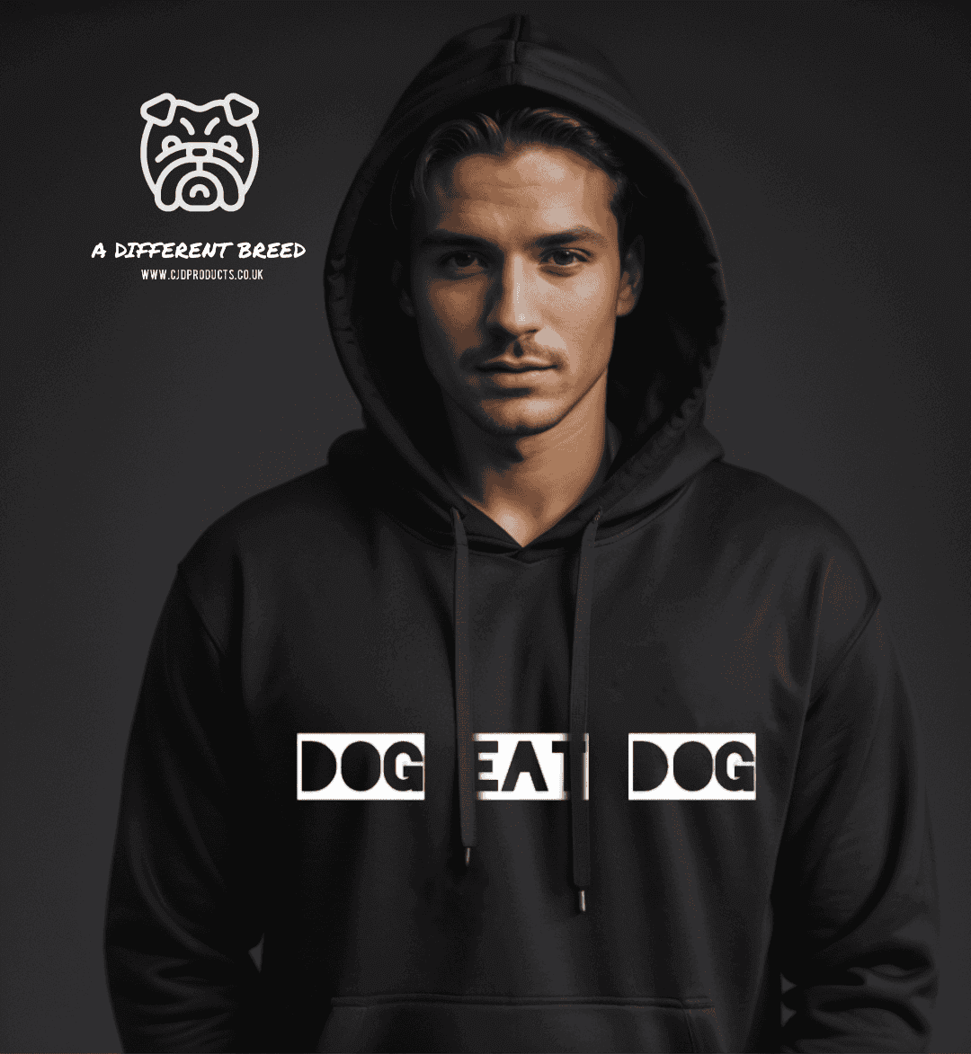 Man wearing a black hoodie with the "Dog EAT Dog" printed onto the chest in negative with white outline
