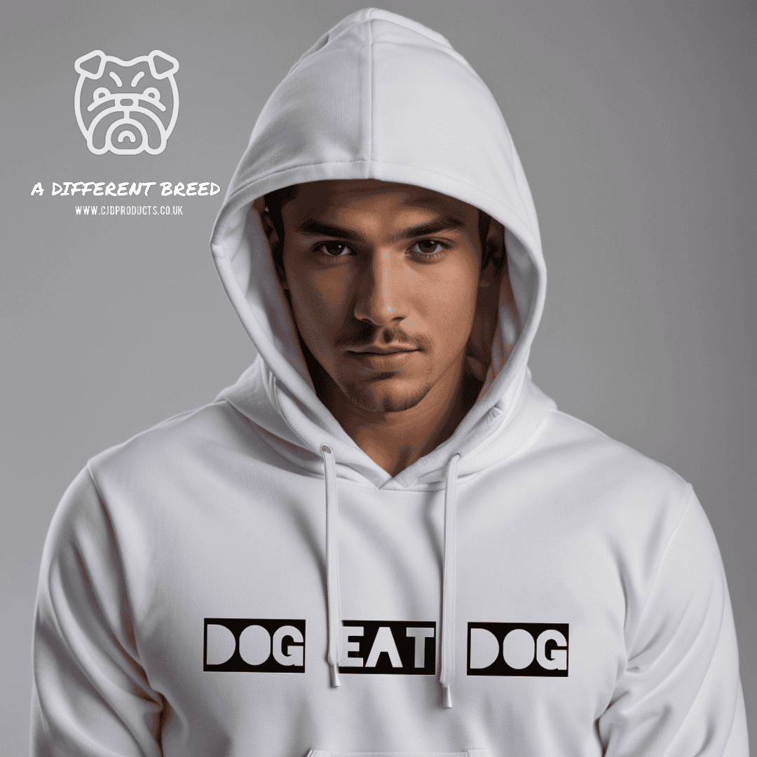 Man wearing a white hoodie with the "Dog EAT Dog" printed onto the chest in negative with a black outline