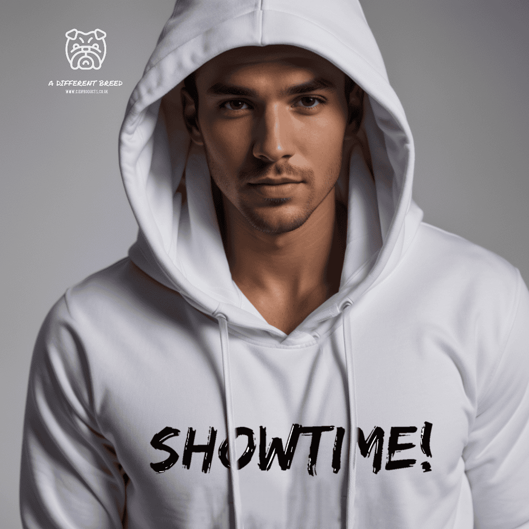 Men's It's Showtime Hoodie in white with the word Showtime in black print CJD: A Different Breed