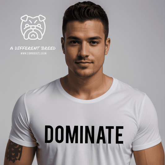 Man wearing a white t-shirt with the word dominate in bold black print