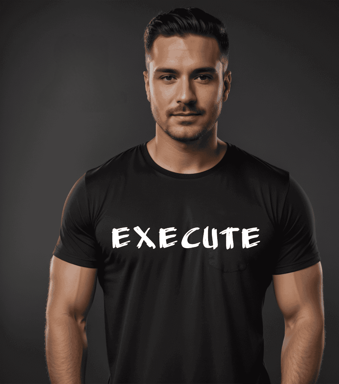 a man in a black shirt is posing for a picture with the word execute printed in white across the chest
