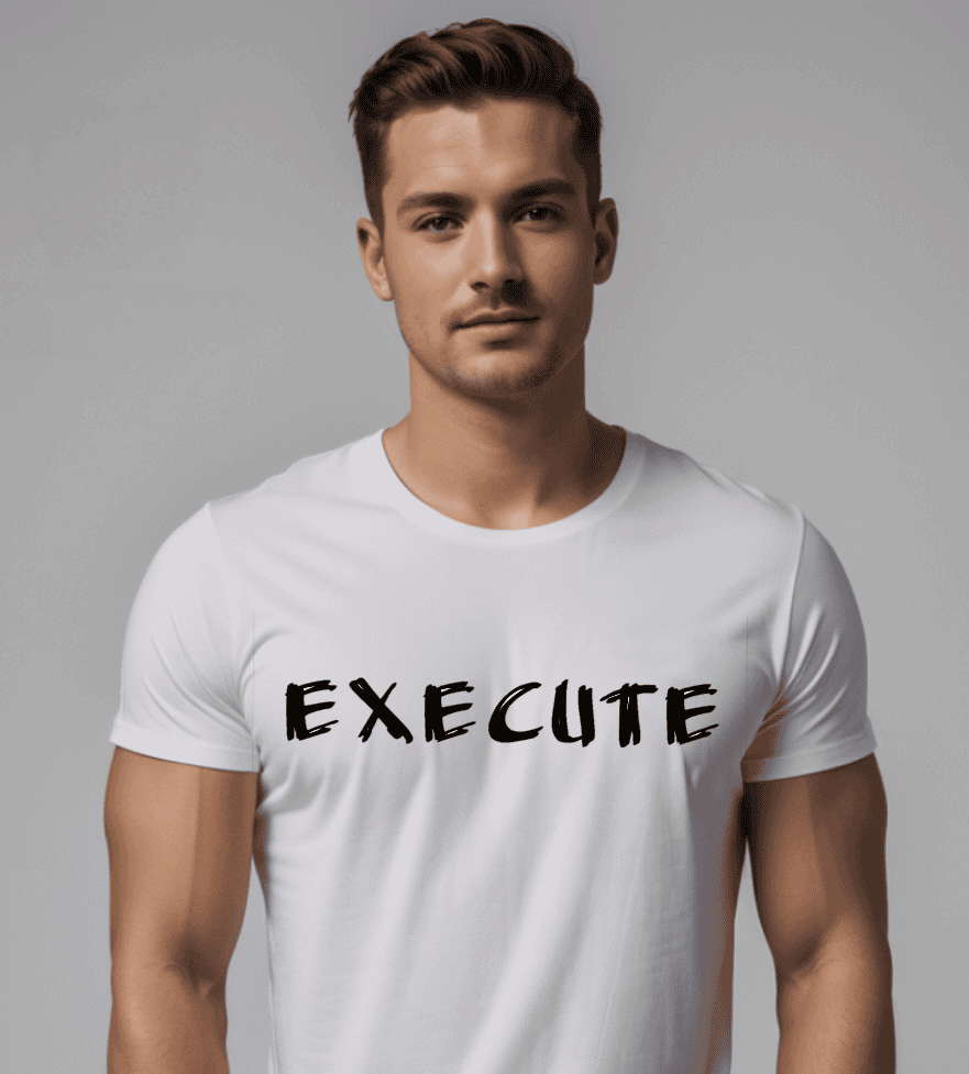 a man wearing a white shirt with the word execute printed on it