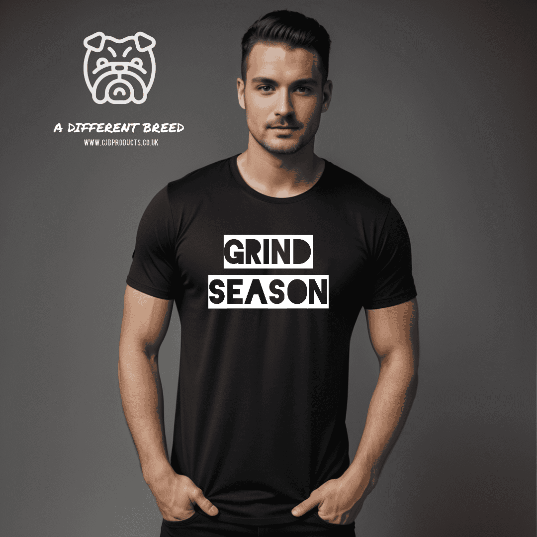 Man wearing black t-shirt with the words grind season in bold negative writing