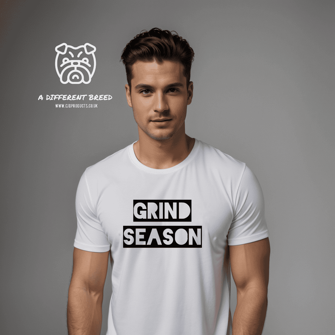 Man wearing white t-shirt with the words grind season in bold negative writing