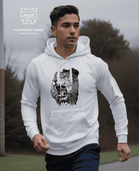 Man wearing a white hoodie while going for a run with the image of a lion head with 7 motivational words which the first letter spell out mindset
