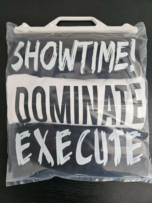a plastic bag containing 3 t-shirts with execute, dominate and showtime prints