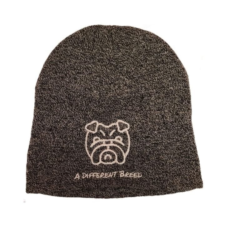 Knitted grey pull on beanie hat with bulldog logo and a different breed text stitched into the front of the garment